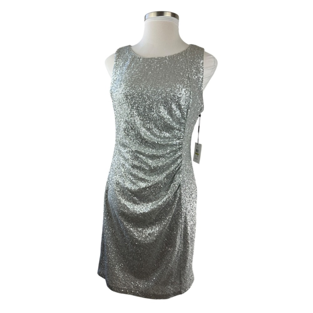 NWT Calvin Klein Sequin Ruched Sheath Shift Dress Silver Pleated Bodycon Size 14 - Picture 3 of 16